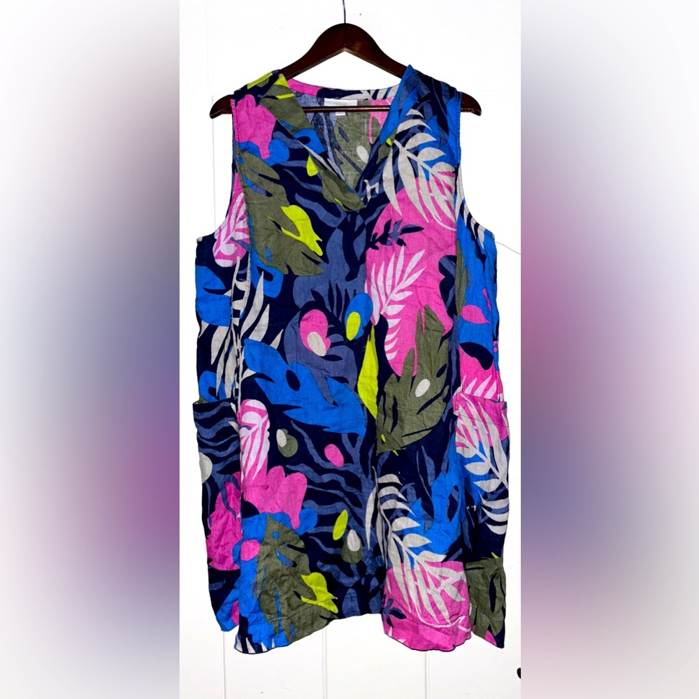 Charter Club Luxury Classic Linen Palm Print Split Neck Dress Women XL Relaxed